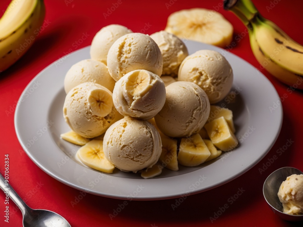 Banana ice cream balls in nice plate on red background: a sophisticated showcase of dessert beauty. Banana ice cream balls in nice plate on red background: a sophisticated showcase of dessert beauty.