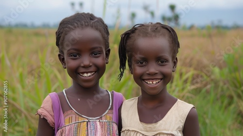 Two Smiling Friends Posing Together Outdoors in a Scenic Landscape