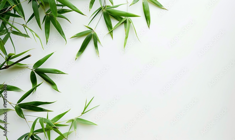 Obraz premium Bamboo leaves on a white backdrop with copy space image