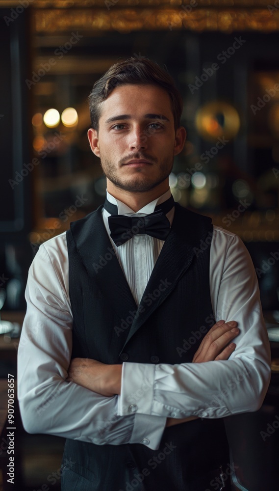 Fototapeta premium Elegant Waiter in Tuxedo Serving Fine Dining Experience in a Restaurant with a Copy Space on a Dark Background