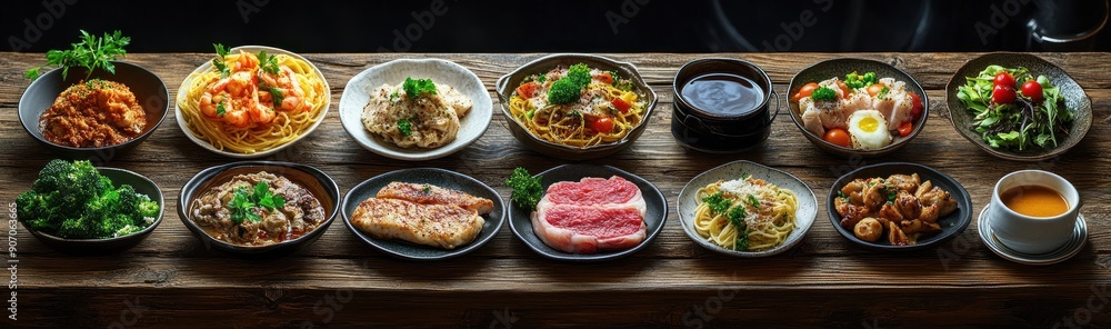 Assortment of Delicious Dishes on Wooden Table Assortment of Delicious Dishes on Wooden Table