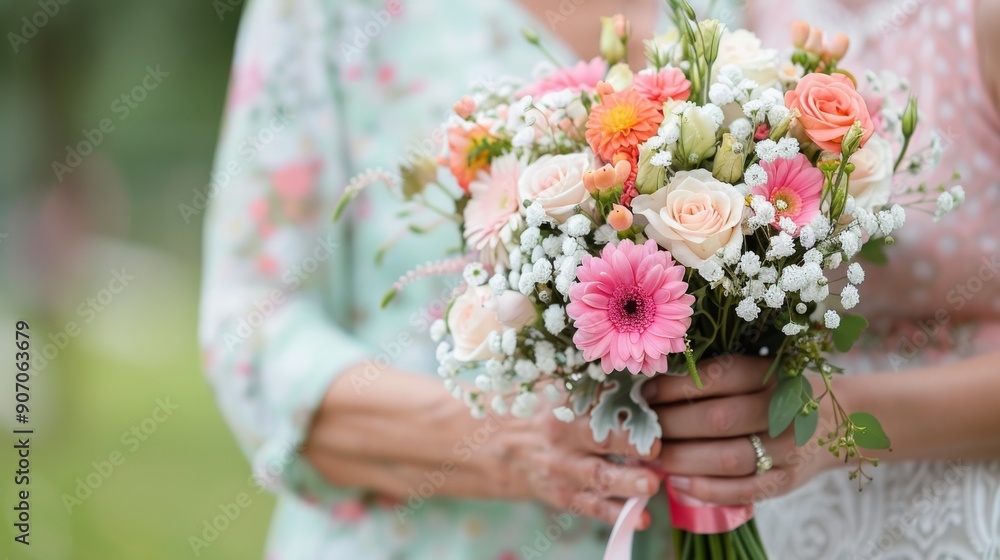 Two People Holding Colorful Flower Bouquets in a Sunny Outdoor Setting Two People Holding Colorful Flower Bouquets in a Sunny Outdoor Setting