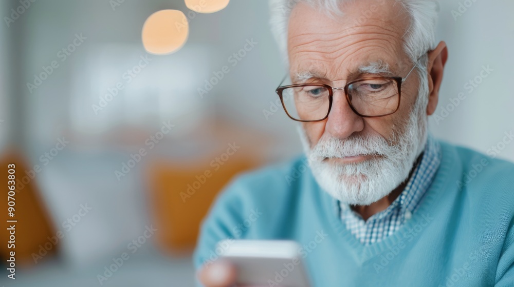 Senior Man Using Smartphone Indoors During Holiday Season With Warm Decorated Background Senior Man Using Smartphone Indoors During Holiday Season With Warm Decorated Background