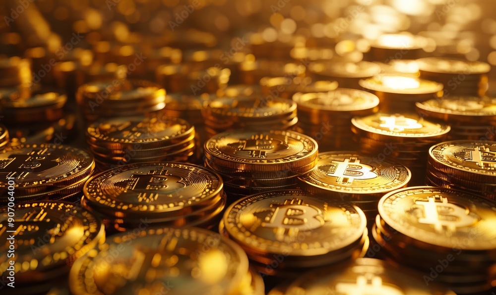 Bitcoin Cryptocurrency represented as Gold Coins. Future Banking Wallpaper Bitcoin Cryptocurrency represented as Gold Coins. Future Banking Wallpaper