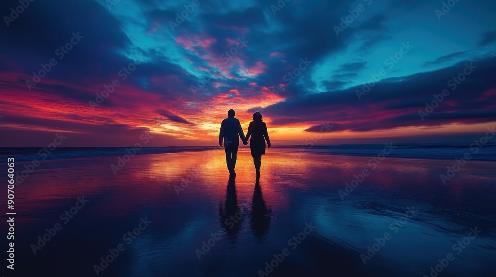 Couple Silhouettes at Sunset on Beach Couple Silhouettes at Sunset on Beach