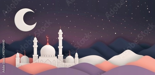 Colorful Mosque Silhouette Against Twilight Sky in Desert Landscape