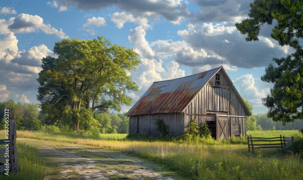 Charming rural landscape with a rustic barn, pastoral serenity Charming rural landscape with a rustic barn, pastoral serenity