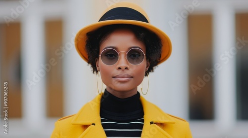 Young Woman in Yellow Sweater and Hat Posing Against Bright Yellow Background