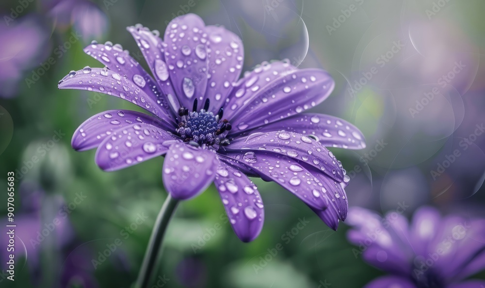 Close-Up of Purple Flower with Water Droplets and Bokeh Close-Up of Purple Flower with Water Droplets and Bokeh