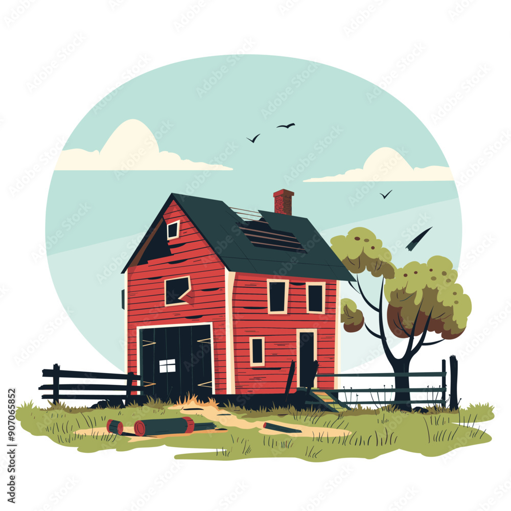 Red barn surrounded green landscape under blue sky, rustic homestead ...