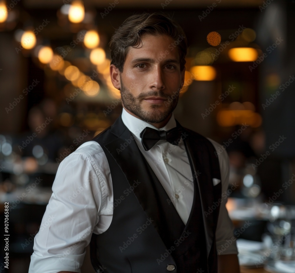Elegant Waiter in Tuxedo Serving Fine Dining Experience in a Restaurant with a Copy Space on a Dark Background Elegant Waiter in Tuxedo Serving Fine Dining Experience in a Restaurant with a Copy Space on a Dark Background