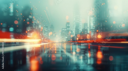 Cityscape at Night With Reflections and Colorful Lights in Rainy Atmosphere