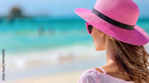 Woman in Pink Hat Relaxing by the Turquoise Ocean on a Sunny Day