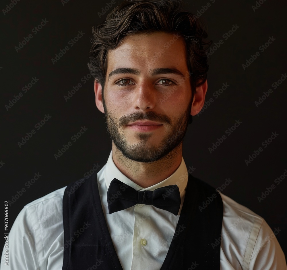 Elegant Waiter in Tuxedo Serving Fine Dining Experience in a Restaurant with a Copy Space on a Dark Background Elegant Waiter in Tuxedo Serving Fine Dining Experience in a Restaurant with a Copy Space on a Dark Background