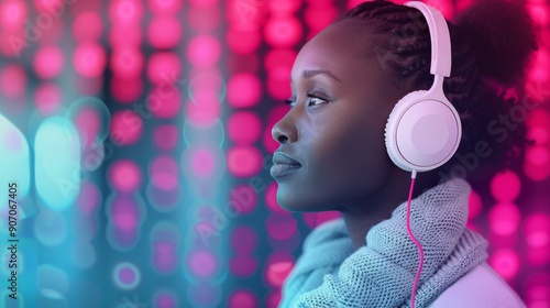 Young Woman Wearing Headphones Smiling in a Modern Workspace