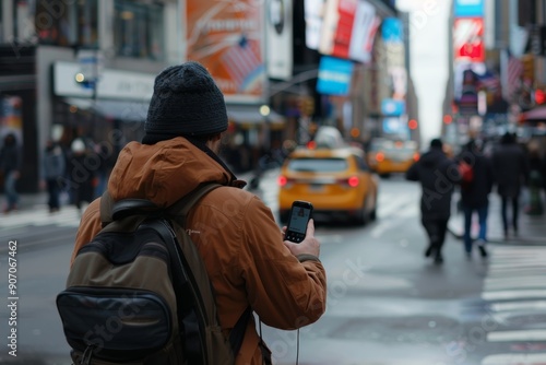 Man Using Personal Alarm on Busy City Street for Safety and Awareness