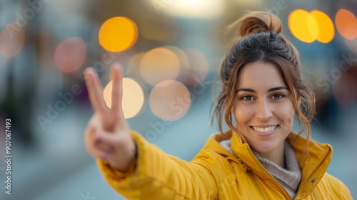 Woman Making Peace Sign in Winter Street With Soft Lights at Dusk