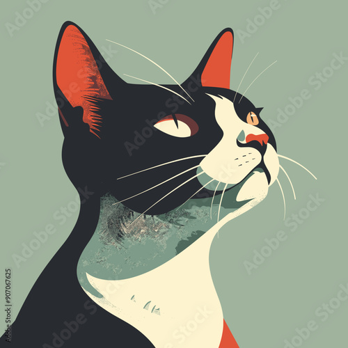 Stylized graphic illustration black white cat, artistic portrait red ears nose. Cat gaze focused side, whiskers green background. Sophisticated feline profile, modern pet art