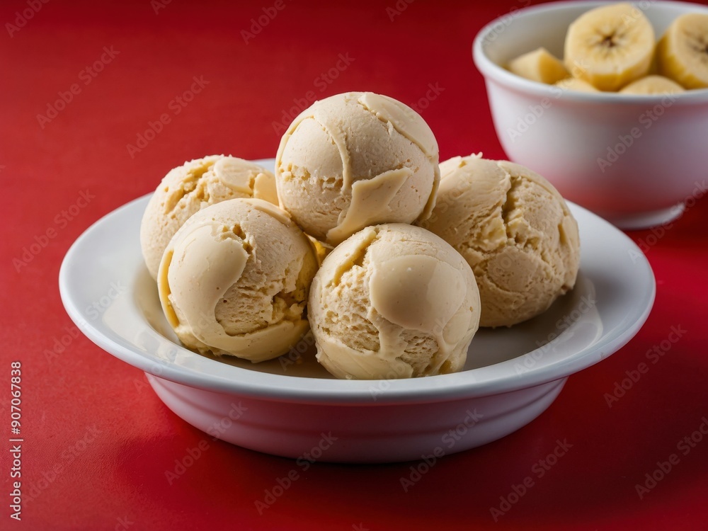 Banana ice cream balls in nice plate on red background: a stylish display of sweet culinary artistry. Banana ice cream balls in nice plate on red background: a stylish display of sweet culinary artistry.