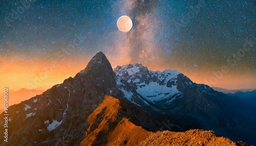 Night landscape. Starry sky with the Milky Way over the mountains. Mount Ushba in the light of the rising moon. Main Caucasian ridge. Zemo Svaneti, Georgia photo