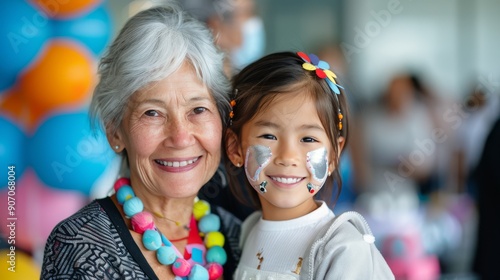Grandmother and Granddaughter Smiling Together at Colorful Festival in Spring