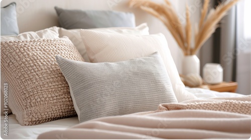 Cozy Bedroom With Soft Pillows and Warm Blankets During Morning Light