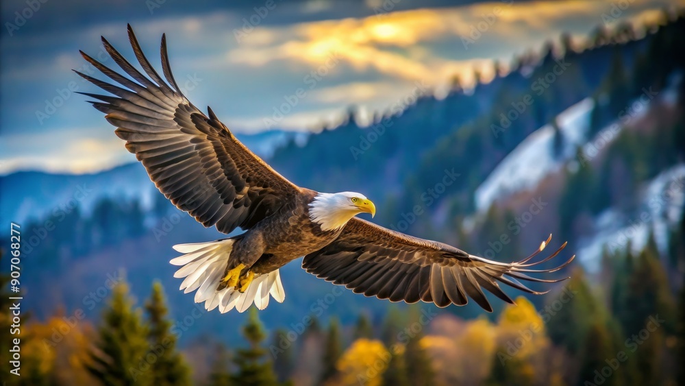 Obraz premium Bald Eagle Soaring Above Autumn Forest, Landscape, Bird, Wildlife, Freedom