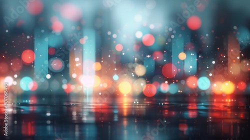 Cityscape at Night With Reflections and Colorful Lights in Rainy Atmosphere