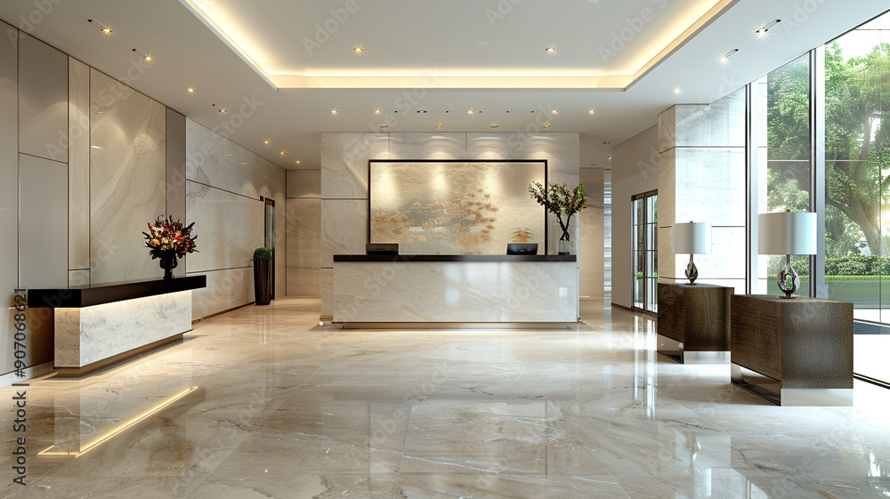 Fototapeta premium A bright and airy office entrance hall with pristine marble flooring, dynamic modern art, and a chic reception area with stylish lighting.