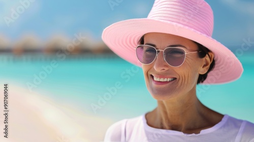 Woman in Pink Hat Relaxing by the Turquoise Ocean on a Sunny Day