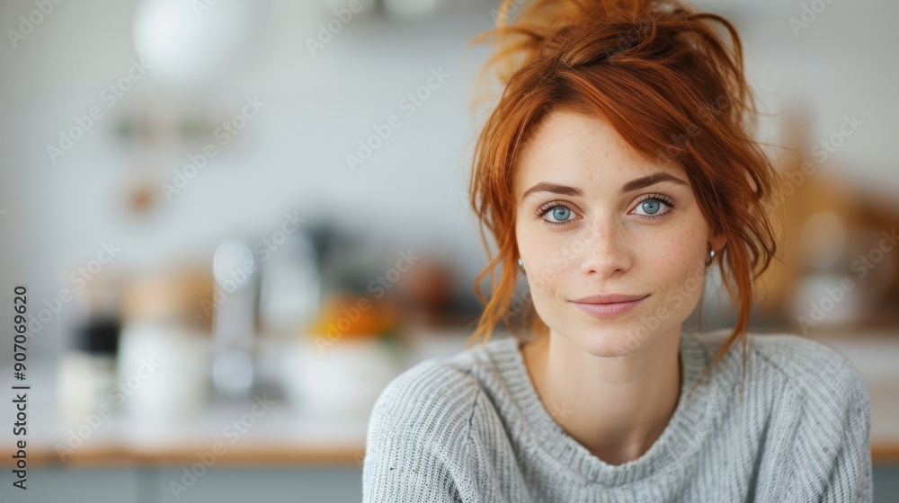 Young Woman Smiling in Cozy Kitchen With Warm Lighting Young Woman Smiling in Cozy Kitchen With Warm Lighting