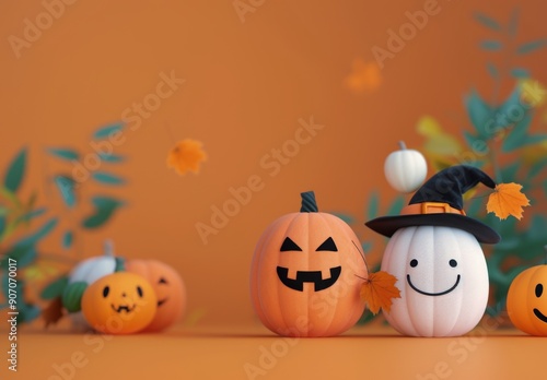 Whimsical Halloween Pumpkins Displayed Against Vibrant Orange Background