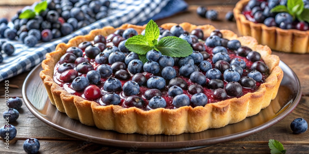 Close-up of Blueberry Tart with Mint Leaf, Delicious Pastry, Fresh Berries, Sweet Treat, Blueberry Tart, Dessert, Baking Close-up of Blueberry Tart with Mint Leaf, Delicious Pastry, Fresh Berries, Sweet Treat, Blueberry Tart, Dessert, Baking