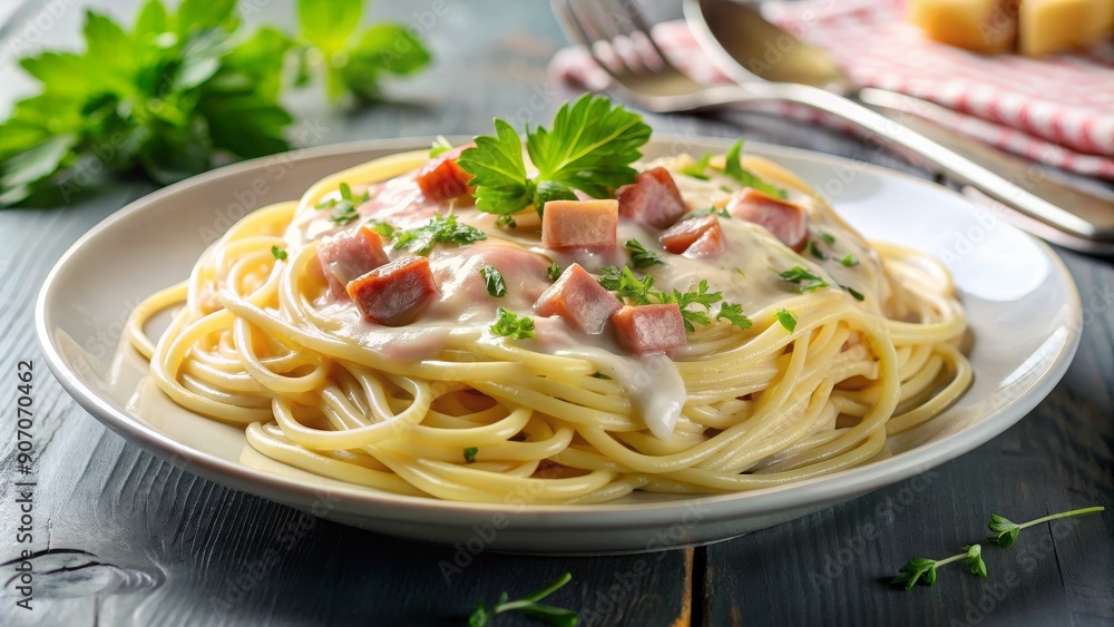 Close-up of Creamy Spaghetti with Ham and Parsley on a White Plate, Italian Cuisine, Pasta, Food Photography, Ham Spaghetti, Spaghetti Carbonara, Creamy Pasta Close-up of Creamy Spaghetti with Ham and Parsley on a White Plate, Italian Cuisine, Pasta, Food Photography, Ham Spaghetti, Spaghetti Carbonara, Creamy Pasta