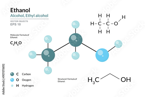 Ethanol. Ethyl Alcohol. Structural Chemical Formula and 3d Model of Molecule. C2H6O. Atoms with Color Coding. Vector graphic Illustration for educational materials, scientific articles, presentations