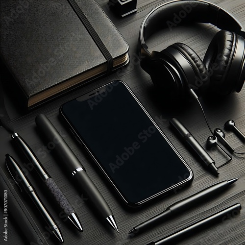 A smartphone, headset, diary book, and pens on table in black tone color, flat lay style, generative ai