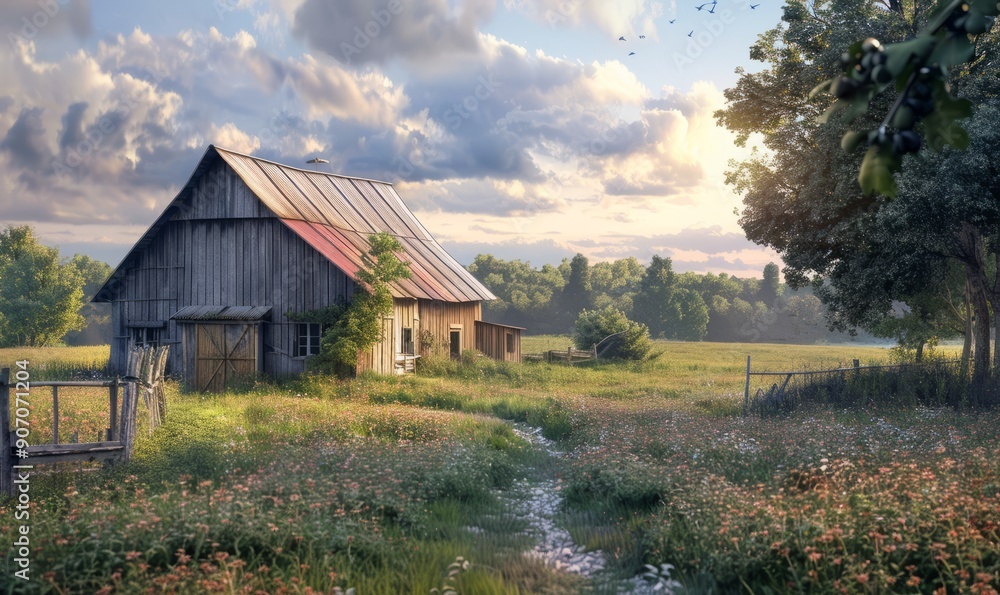 Fototapeta premium Charming rural landscape with a rustic barn, pastoral serenity
