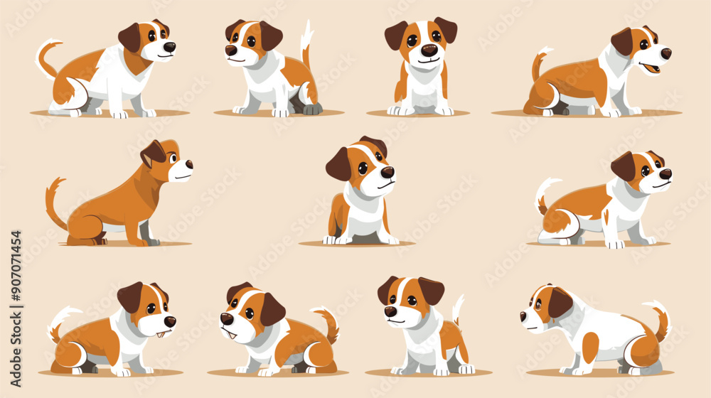 series cartoon dog illustrations showcasing different poses expressions. Playful beagle dog captured various stances sitting, standing, attentive. Cream brown color palette simple background series cartoon dog illustrations showcasing different poses expressions. Playful beagle dog captured various stances sitting, standing, attentive. Cream brown color palette simple background