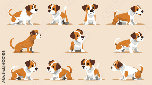 series cartoon dog illustrations showcasing different poses expressions. Playful beagle dog captured various stances sitting, standing, attentive. Cream brown color palette simple background