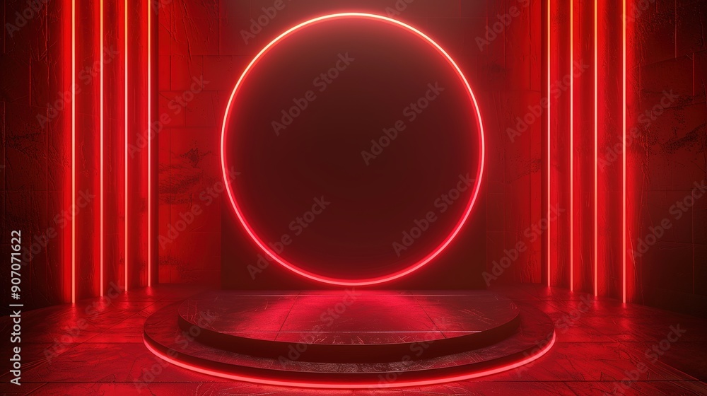 Red circle neon background with cylinder platform suitable for product placement Red circle neon background with cylinder platform suitable for product placement