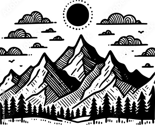 Mountain black outline vector illustration. Tourism concept.