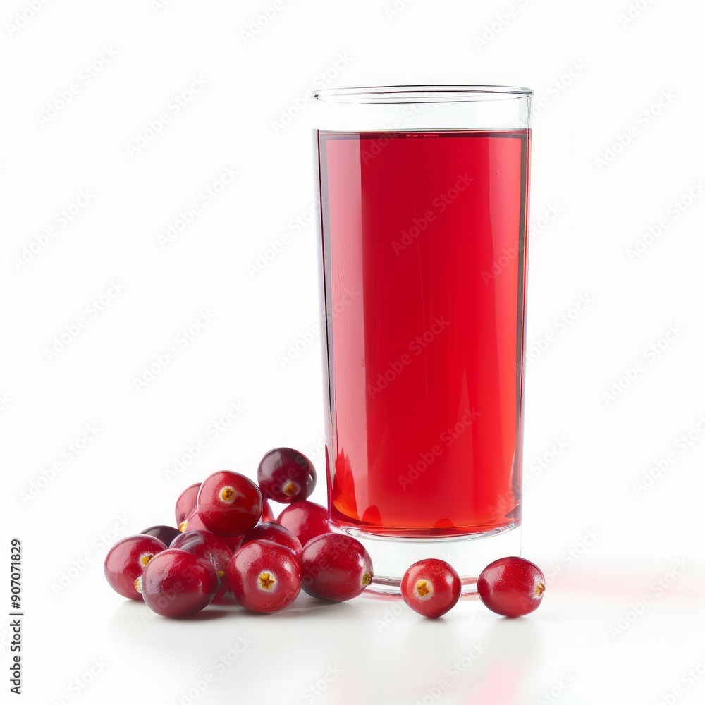 Medium shot of Cranberry juice in a glass near the Cranberry, isolated on a white background, Medium shot of Cranberry juice in a glass near the Cranberry, isolated on a white background,