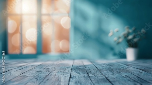 Bright Sunlight Streaming Through Window in Cozy Blue Room With Potted Flowers