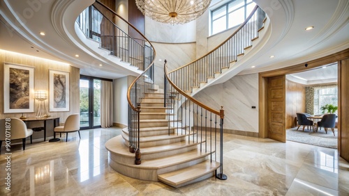 Curved Staircase with Elegant Design in a Luxury Home  Interior Design  Staircase  Luxury Home  Foyer