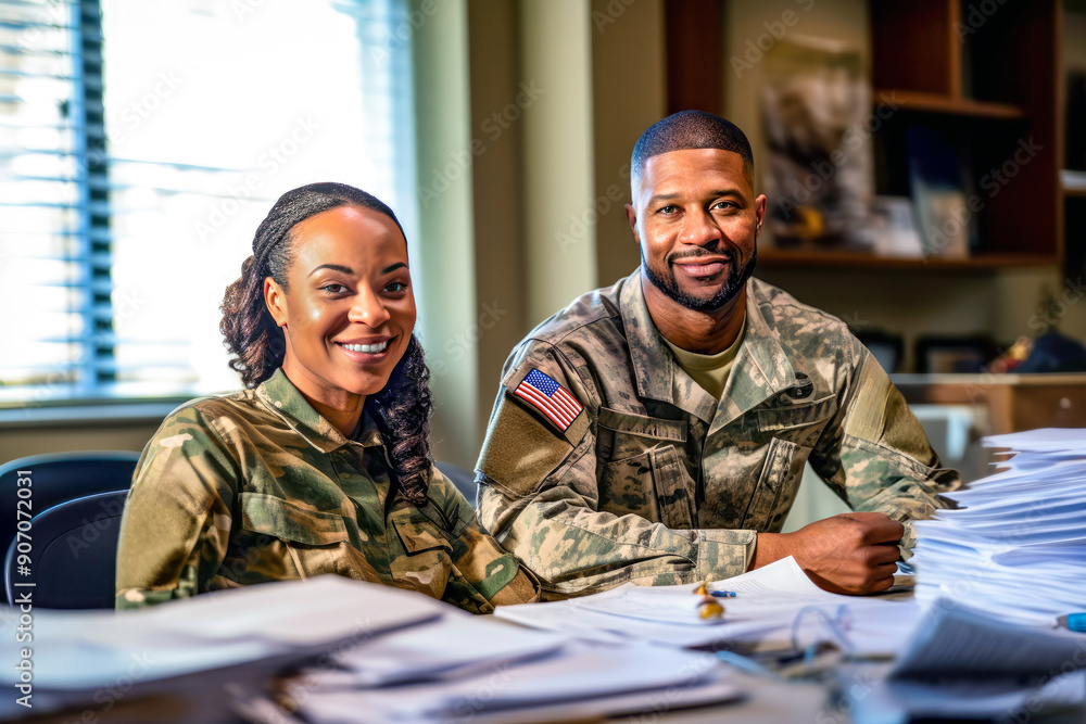 Fototapeta premium African American male and female veterans smiling, sitting in office with documents. Concept of rehabilitation military veterans, social integration through financial consultation and support programs