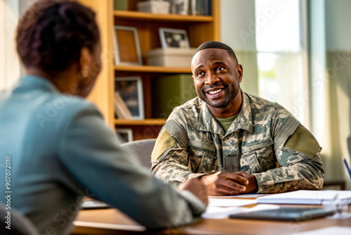African American male veteran consulting with financial advisor in bright office. Concept of rehabilitation military veterans and social integration through financial consultation and support programs