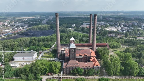 Aerial drone view of the Szombierki Heat and Power Plant, formerly the Bobrek Power Plant. The Trail of Technical Monuments of the Silesian Voivodeship. Old Heat and Power Plant in Bytom, Poland. photo