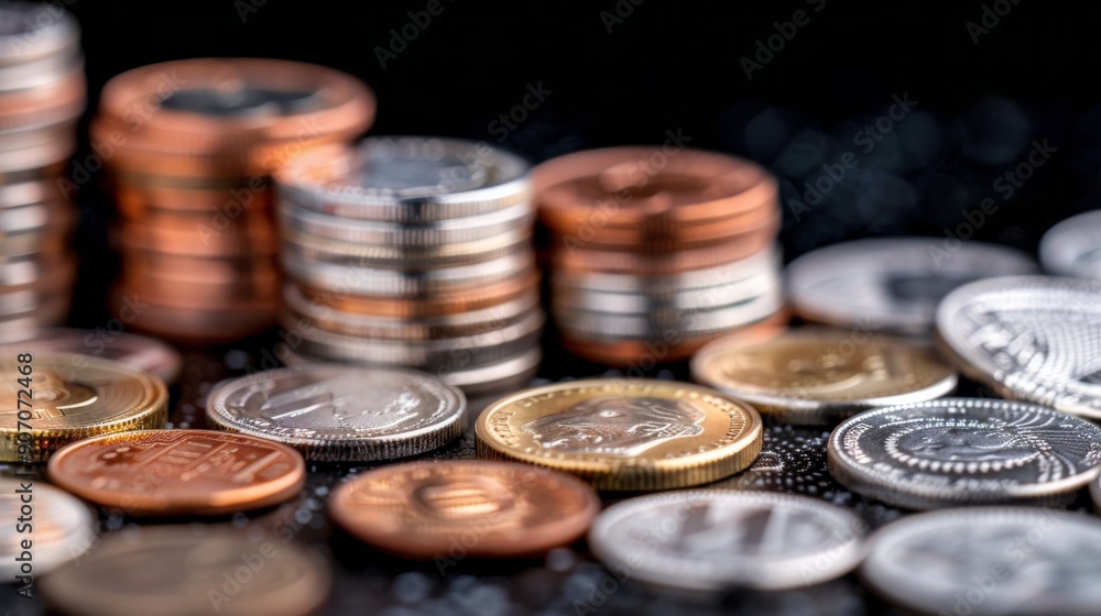 Stacks of Coins Piled on a Reflective Surface With Soft Bokeh Lighting Stacks of Coins Piled on a Reflective Surface With Soft Bokeh Lighting