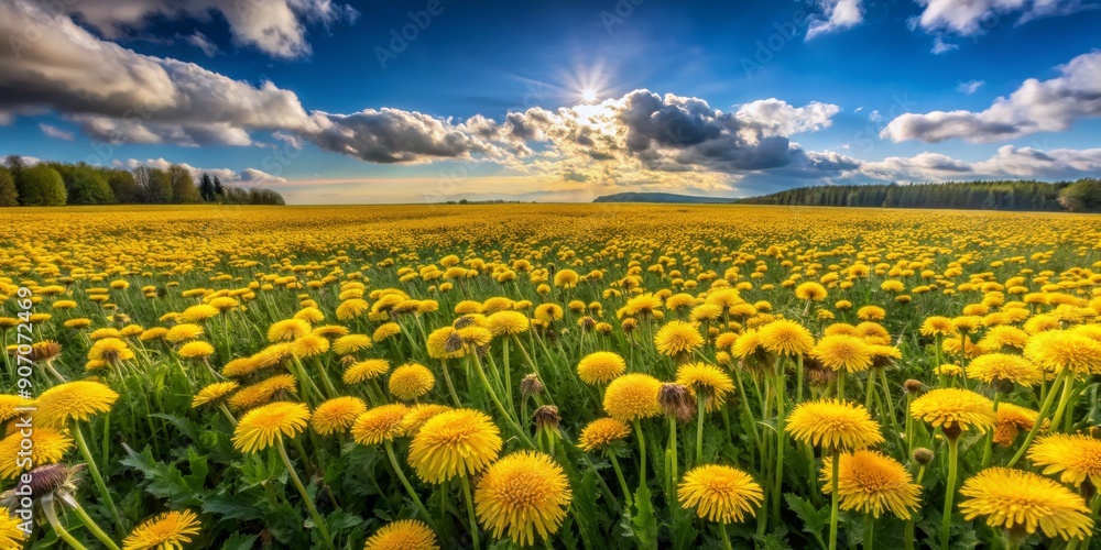 Obraz premium Field of Dandelions with Sunburst Sky, Landscape, Nature, Yellow Flowers, Spring , landscape , nature