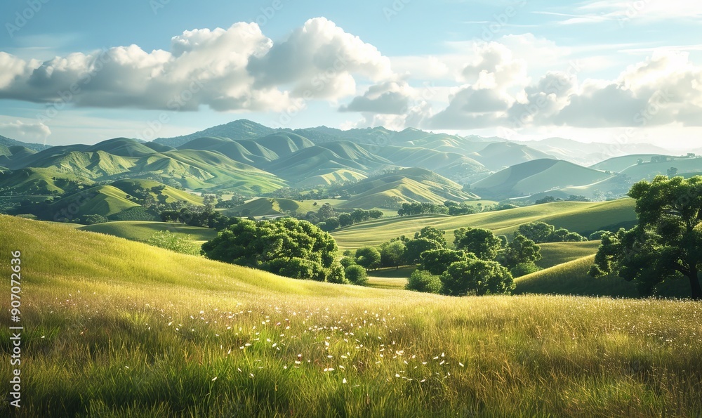 Fototapeta premium Scenic countryside with rolling hills and open fields, pastoral charm